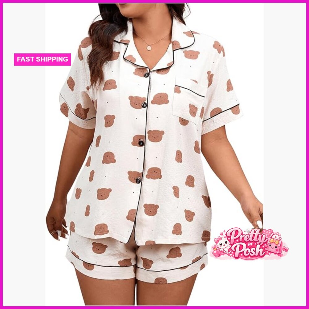Polyester Pajama Set With Cartoon Bear Print, Button Front Top And Shorts